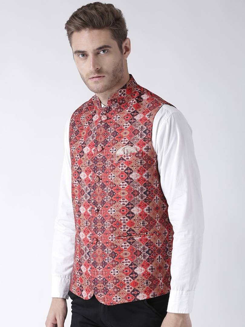 Men's Multicoloured 
Cotton Blend
 Printed Nehru Jackets